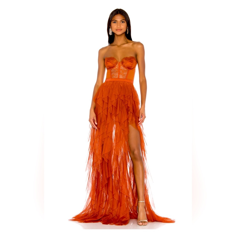 For Love & Lemons x Revolve Bustier Gown in Rust size M